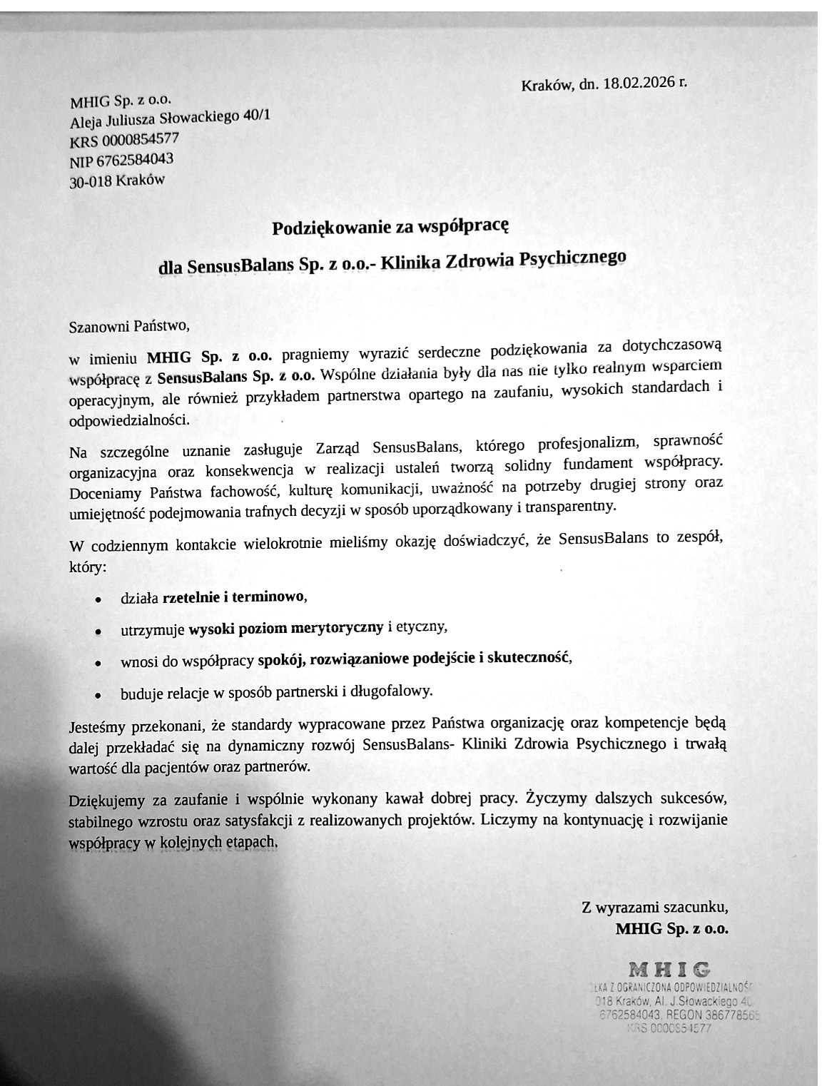 Podziękowanie za współpracę od MHIG dla SensusBalans