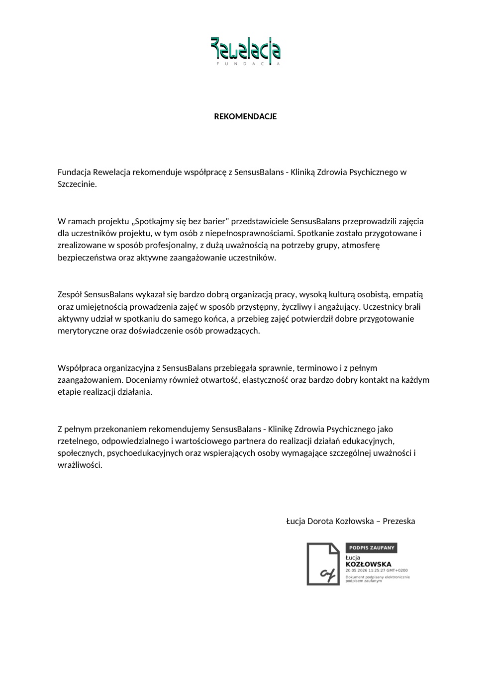 Rekomendacja Fundacji Rewelacja dla SensusBalans