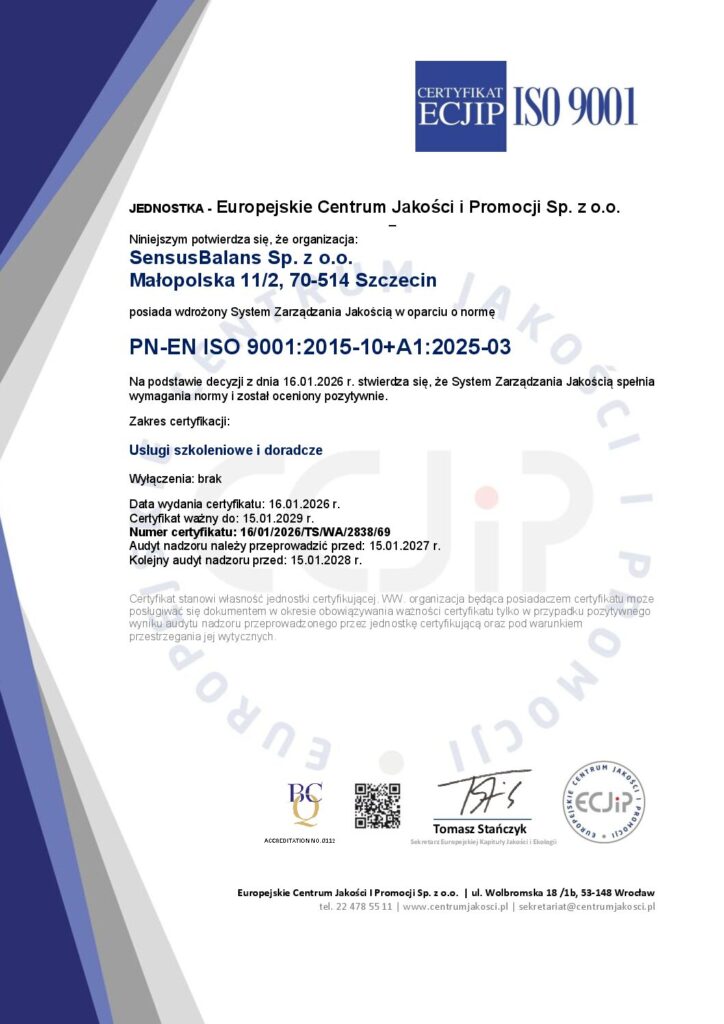 Certyfikat ISO 9001 dla SensusBalans, usługi szkoleniowe i doradcze