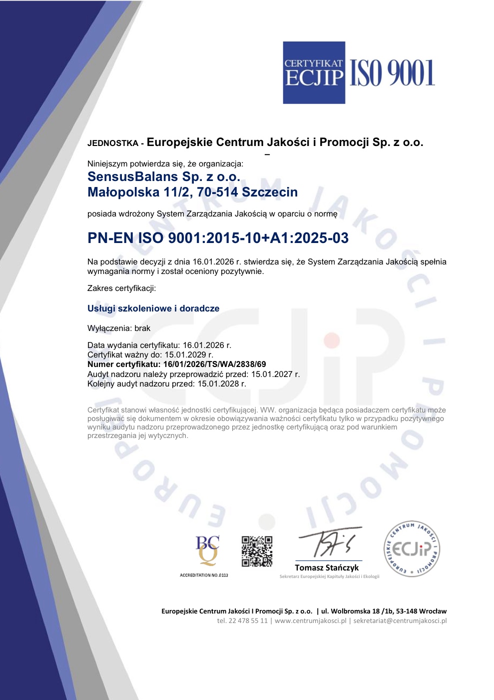 Certyfikat ISO 9001 dla SensusBalans, usługi szkoleniowe i doradcze